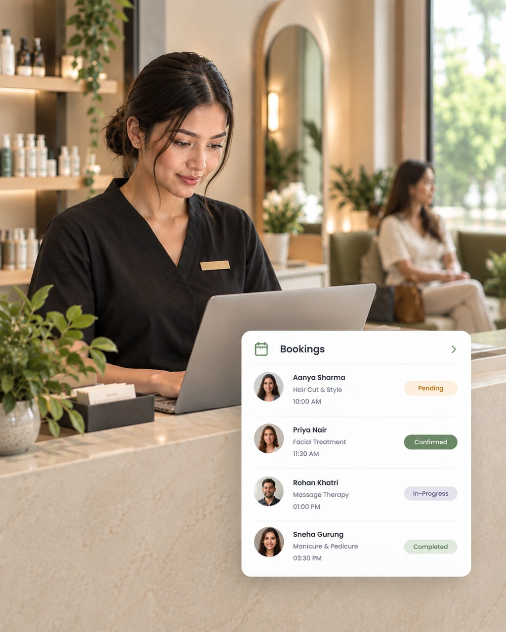 Zennly bookings list showing Pending, Confirmed, In-Progress and Completed statuses