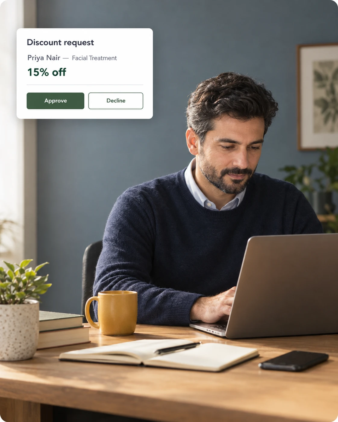 Discount request approval card showing 15% off pending manager approval