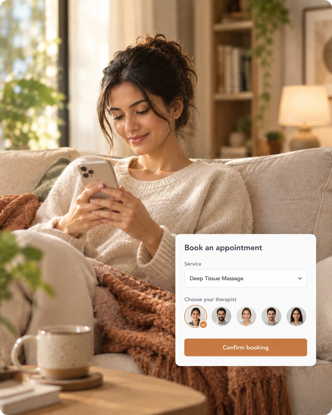 Customer booking an appointment from home, picking a service and therapist on her phone