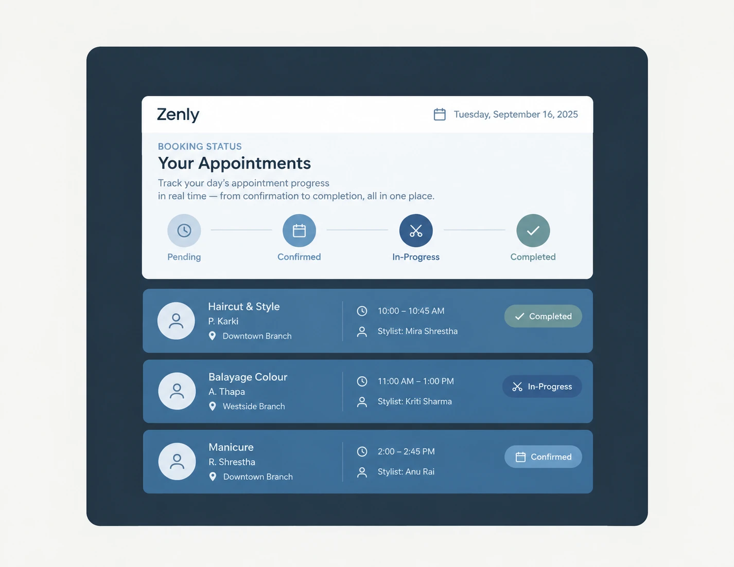 Zennly booking status dashboard showing salon appointments and stylist progress
