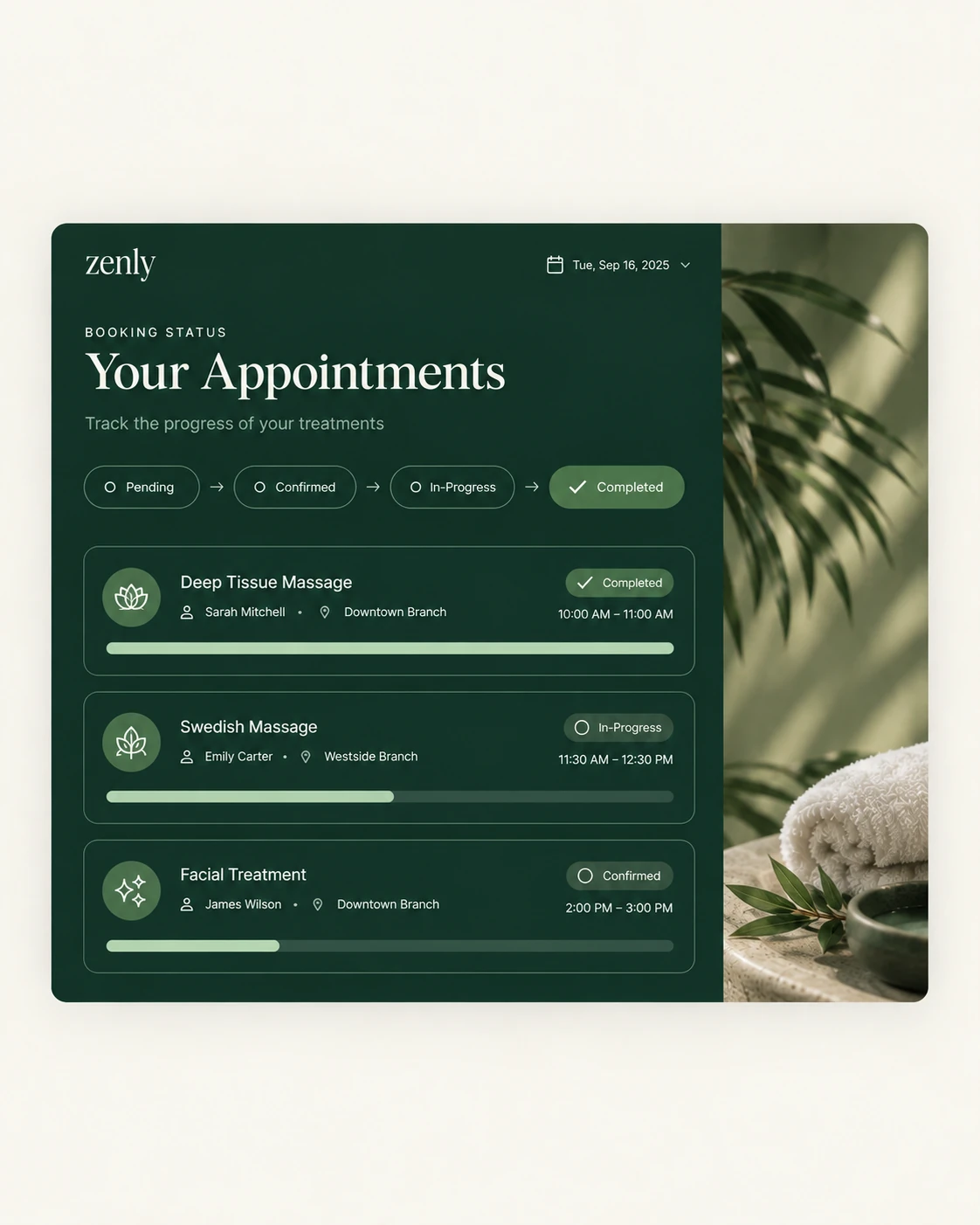 Zennly booking status dashboard showing spa appointments and treatment progress