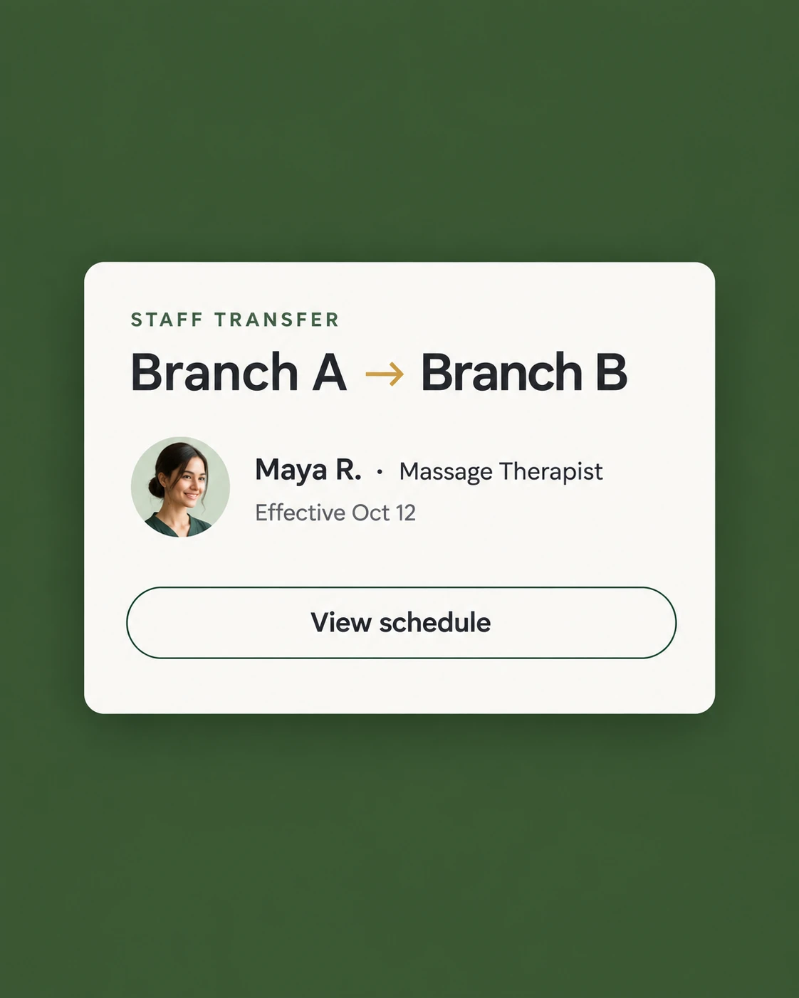 Zennly staff transfer card showing a therapist moving from Branch A to Branch B