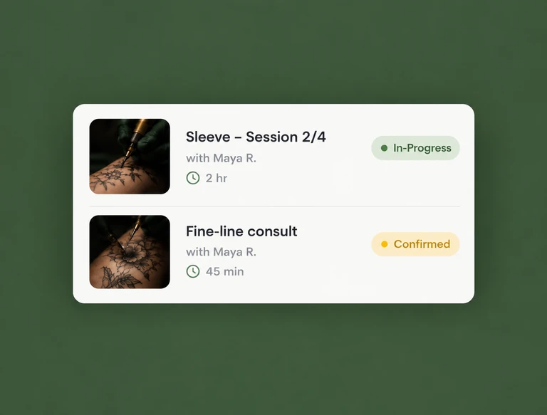 Zennly booking list showing a sleeve session in progress and a fine-line consult confirmed, both with artist Maya R.