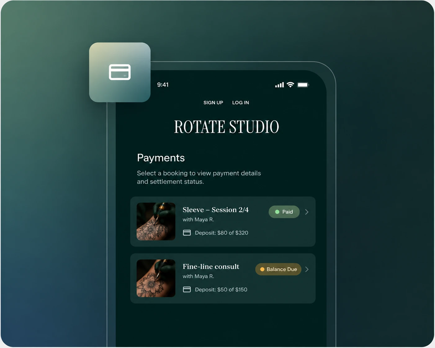 Zennly payments screen showing a paid sleeve session deposit and a balance-due fine-line consult, both with artist Maya R.